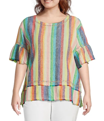 John Mark Plus Size Embroidered Yarn-Dye Stripe Crew Neck Short Ruffle Hi-Low Hem Top