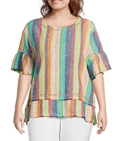 John Mark Plus Size Embroidered Yarn-Dye Stripe Crew Neck Short Ruffle Hi-Low Hem Top