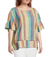 John Mark Plus Size Embroidered Yarn-Dye Stripe Crew Neck Short Ruffle Hi-Low Hem Top
