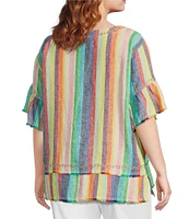 John Mark Plus Size Embroidered Yarn-Dye Stripe Crew Neck Short Ruffle Hi-Low Hem Top