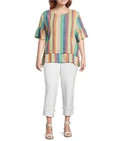 John Mark Plus Size Embroidered Yarn-Dye Stripe Crew Neck Short Ruffle Hi-Low Hem Top