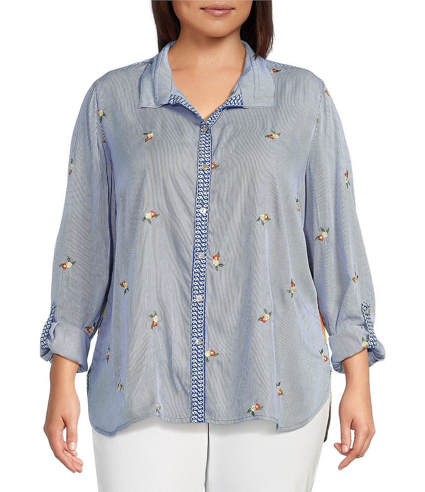 John Mark Plus Size Embroidered Yarn-Dye Stripe Wire Collar Long Roll-Tab Sleeve Button Front Shirt