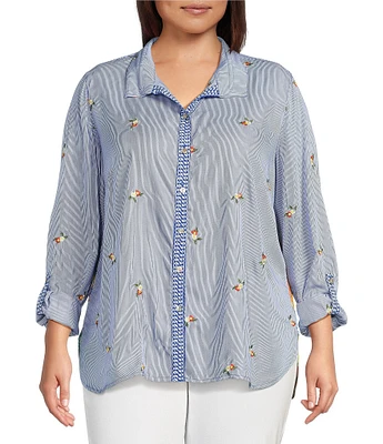 John Mark Plus Size Embroidered Yarn-Dye Stripe Wire Collar Long Roll-Tab Sleeve Button Front Shirt