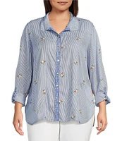 John Mark Plus Size Embroidered Yarn-Dye Stripe Wire Collar Long Roll-Tab Sleeve Button Front Shirt