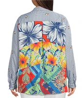 John Mark Plus Size Embroidered Yarn-Dye Stripe Wire Collar Long Roll-Tab Sleeve Button Front Shirt