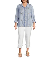 John Mark Plus Size Embroidered Yarn-Dye Stripe Wire Collar Long Roll-Tab Sleeve Button Front Shirt