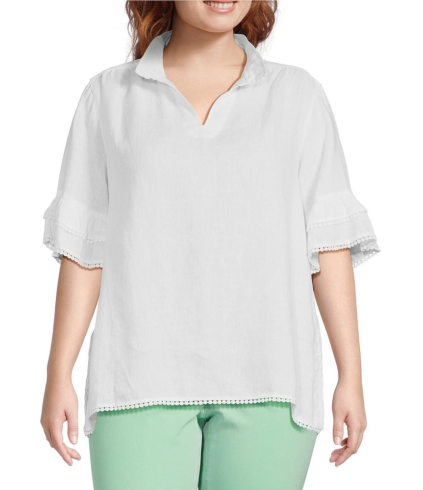 John Mark Plus Size Embroidery Wire Neck Elbow Length Sleeve Hi-Low Hem Tunic