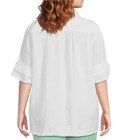 John Mark Plus Size Embroidery Wire Neck Elbow Length Sleeve Hi-Low Hem Tunic