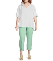 John Mark Plus Size Embroidery Wire Neck Elbow Length Sleeve Hi-Low Hem Tunic