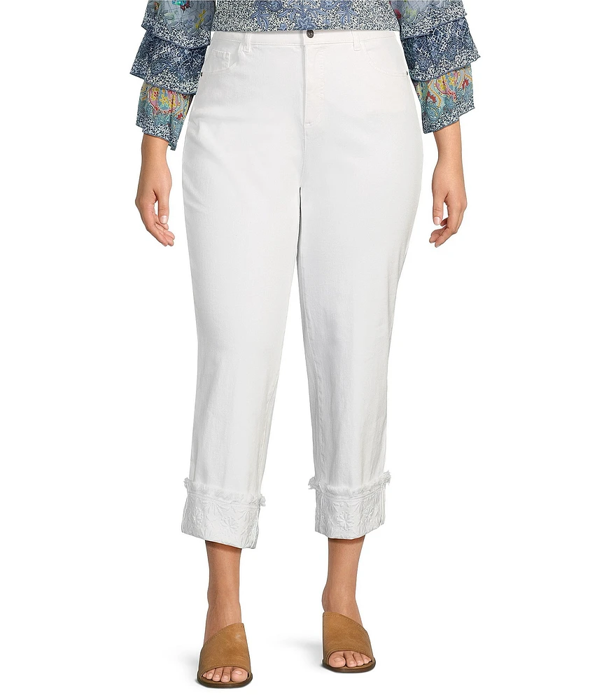 John Mark Plus Size Floral Embroidered Fringe Hem Straight Leg Pants