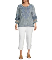 John Mark Plus Size Floral Embroidered Fringe Hem Straight Leg Pants