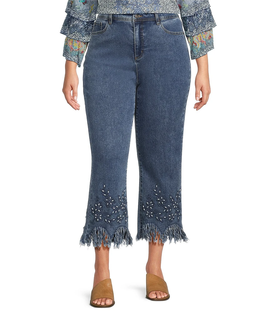 John Mark Plus Size Floral Embroidery Beaded Fringe Hem Ankle Jeans