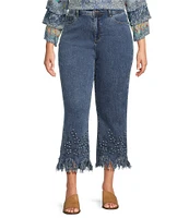 John Mark Plus Size Floral Embroidery Beaded Fringe Hem Ankle Jeans
