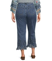 John Mark Plus Size Floral Embroidery Beaded Fringe Hem Ankle Jeans