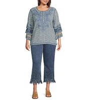 John Mark Plus Size Floral Embroidery Beaded Fringe Hem Ankle Jeans