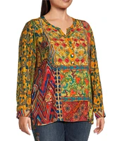 John Mark Plus Size Floral Printed Split V-Neck Long Sleeve Button Up Tunic