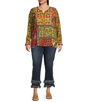 John Mark Plus Size Floral Printed Split V-Neck Long Sleeve Button Up Tunic