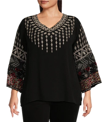 John Mark Plus Size Geometric Floral Embroidered V-Neck 3/4 Sleeve Velvet Burnout Top