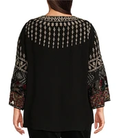 John Mark Plus Size Geometric Floral Embroidered V-Neck 3/4 Sleeve Velvet Burnout Top