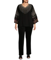 John Mark Plus Size Geometric Floral Embroidered V-Neck 3/4 Sleeve Velvet Burnout Top