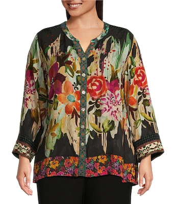 John Mark Plus Size Jacquard Mixed Print Mandarin Collar Long Sleeve Hi-Low Hem Button-Front Blouse