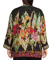 John Mark Plus Size Jacquard Mixed Print Mandarin Collar Long Sleeve Hi-Low Hem Button-Front Blouse