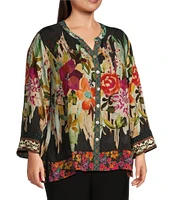 John Mark Plus Size Jacquard Mixed Print Mandarin Collar Long Sleeve Hi-Low Hem Button-Front Blouse