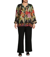 John Mark Plus Size Jacquard Mixed Print Mandarin Collar Long Sleeve Hi-Low Hem Button-Front Blouse