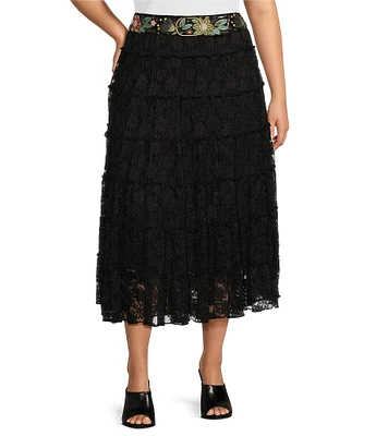 John Mark Plus Size Lace Tiered A-Line Belted Pull-On Midi Skirt