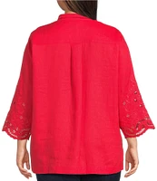John Mark Plus Size Linen Wire Collar 3/4 Embroidered Eyelet Scallop Sleeve Button Front Shirt