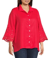 John Mark Plus Size Linen Wire Collar 3/4 Embroidered Eyelet Scallop Sleeve Button Front Shirt