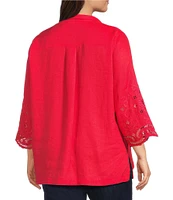 John Mark Plus Size Linen Wire Collar 3/4 Embroidered Eyelet Scallop Sleeve Button Front Shirt