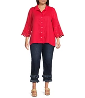 John Mark Plus Size Linen Wire Collar 3/4 Embroidered Eyelet Scallop Sleeve Button Front Shirt
