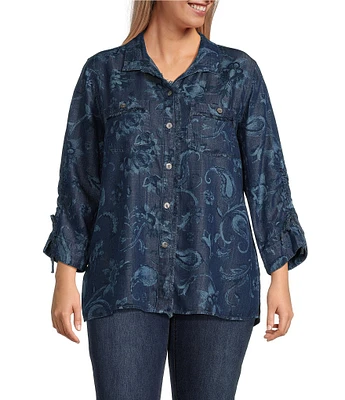 John Mark Plus Size Lyocell Allover Floral Paisley Print Point Collar 3/4 Cinch Tie Sleeve Button Front Blouse