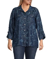 John Mark Plus Size Lyocell Allover Floral Paisley Print Point Collar 3/4 Cinch Tie Sleeve Button Front Blouse