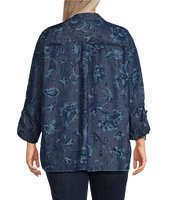 John Mark Plus Size Lyocell Allover Floral Paisley Print Point Collar 3/4 Cinch Tie Sleeve Button Front Blouse