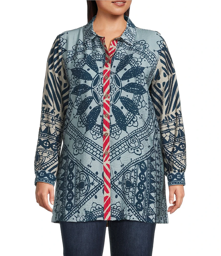 John Mark Plus Size Medallion Abstract Print Point Collar Long Roll-Tab Sleeve Button-Front Tunic