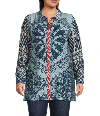 John Mark Plus Size Medallion Abstract Print Point Collar Long Roll-Tab Sleeve Button-Front Tunic