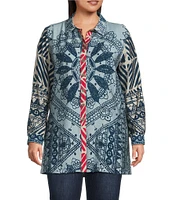 John Mark Plus Size Medallion Abstract Print Point Collar Long Roll-Tab Sleeve Button-Front Tunic