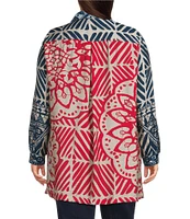 John Mark Plus Size Medallion Abstract Print Point Collar Long Roll-Tab Sleeve Button-Front Tunic