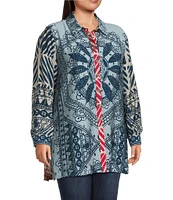 John Mark Plus Size Medallion Abstract Print Point Collar Long Roll-Tab Sleeve Button-Front Tunic