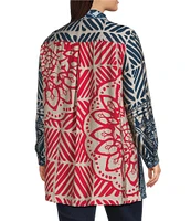 John Mark Plus Size Medallion Abstract Print Point Collar Long Roll-Tab Sleeve Button-Front Tunic