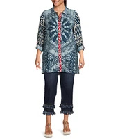 John Mark Plus Size Medallion Abstract Print Point Collar Long Roll-Tab Sleeve Button-Front Tunic