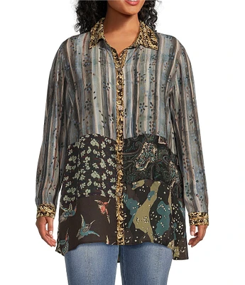 John Mark Plus Size Mix Print Patched Point Collar 3/4 Roll-Tab Sleeve Button Front Tunic