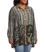 John Mark Plus Size Mix Print Patched Point Collar 3/4 Roll-Tab Sleeve Button Front Tunic