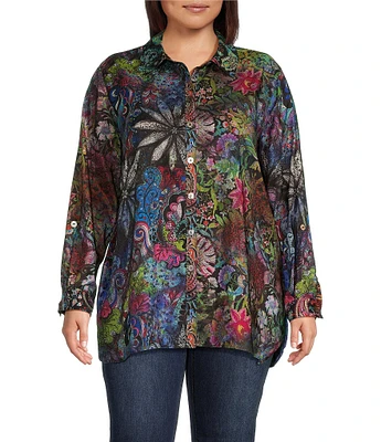 John Mark Plus Size Mixed Print Satin Point Collar Long Roll-Tab Sleeve Button Front Blouse