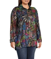 John Mark Plus Size Mixed Print Satin Point Collar Long Roll-Tab Sleeve Button Front Blouse