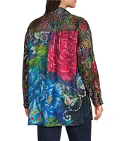 John Mark Plus Size Mixed Print Satin Point Collar Long Roll-Tab Sleeve Button Front Blouse