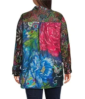 John Mark Plus Size Mixed Print Satin Point Collar Long Roll-Tab Sleeve Button Front Blouse