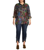 John Mark Plus Size Mixed Print Satin Point Collar Long Roll-Tab Sleeve Button Front Blouse